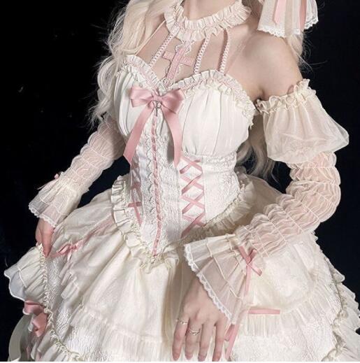 ロリータファッション 新品クラシカルロリータメイド服セット可愛いワンピース髪飾り付き