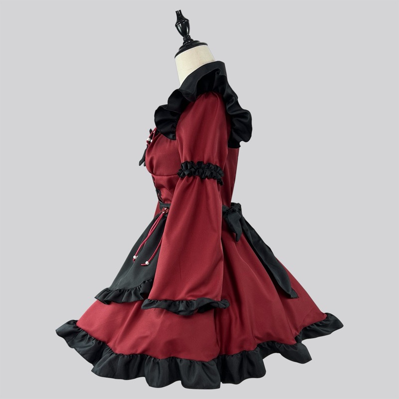 ロリータファッション 中華ロリータ 小悪魔風メイド服 ワインレッド ワンピース