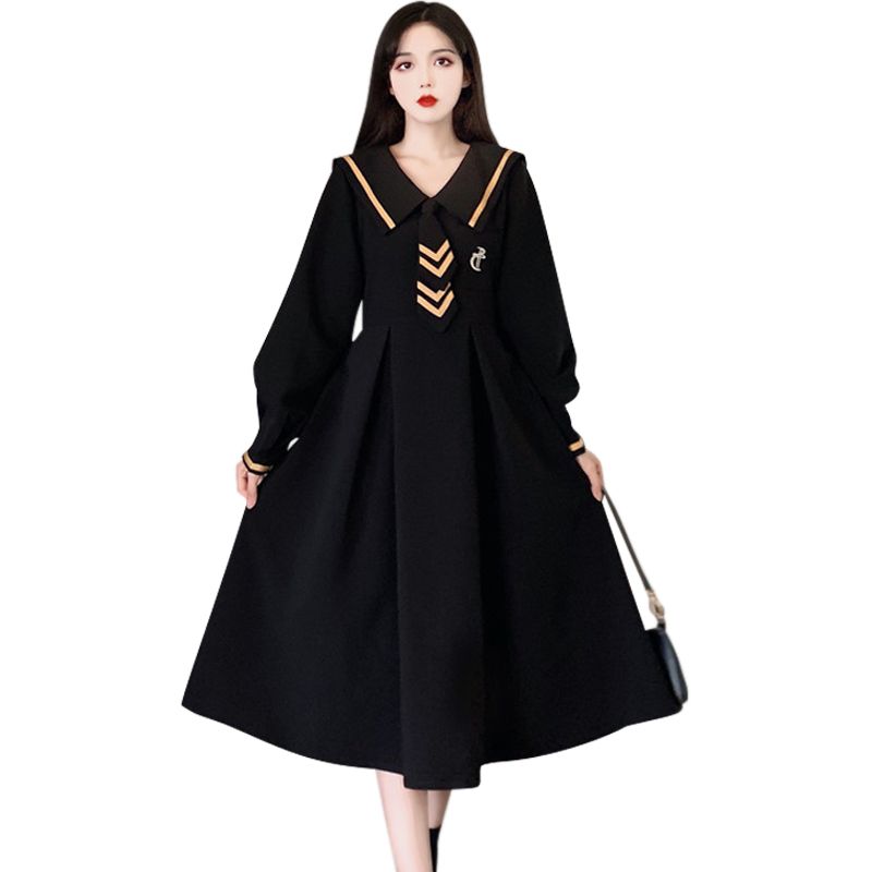 ロリータファッション【ゴスロリ】制服風 シンプル長袖ブラックワンピース
