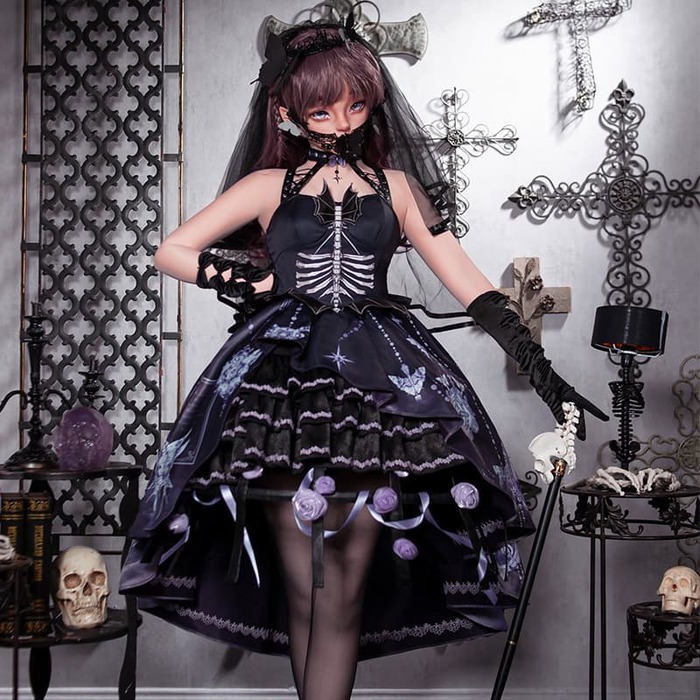 ロリータファッション 【ゴスロリ】ハロウィンダークフリルバットナイトドレス