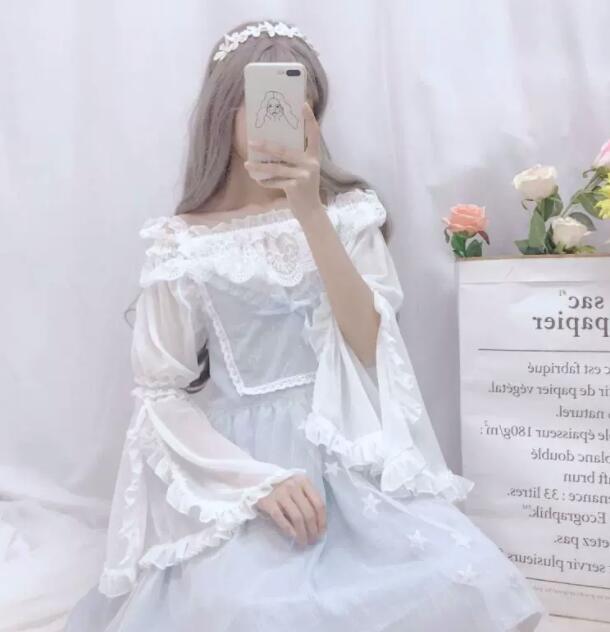 ロリータファッション 甘ロリータ オフショルダー長袖 フリル レース ドール風 ブラウス