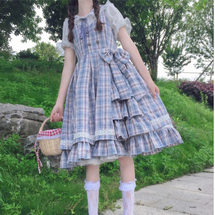 【甘ロリータ】ネイビーチェックロリータドレス