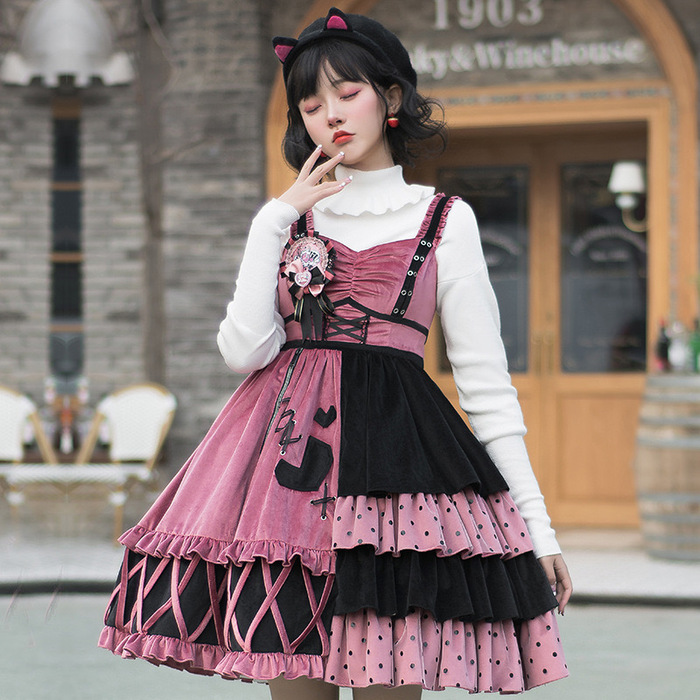 ロリータファッション 【ゴスロリ】ゴシックロリータ 黒×ピンクアシンメトリーセットアップ ジャンパースカート単品
