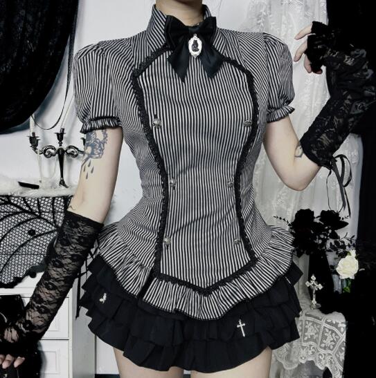 ロリータファッション ゴスロリ ストライプシャツ 半袖 細見え 暗黒系 少女服