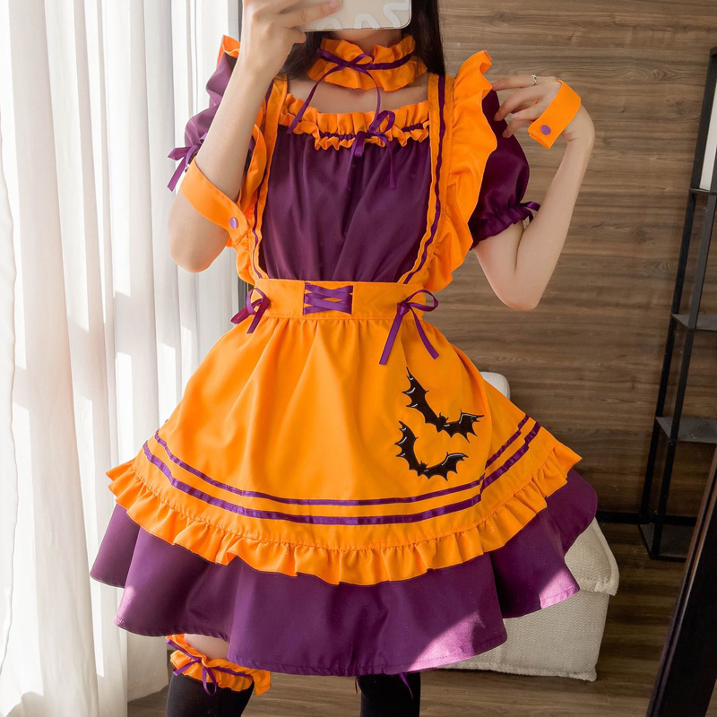ロリータファッション 紫×橙色 ゴスロリメイド服 　ハロウィンコスチューム