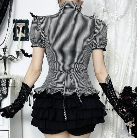 ロリータファッション ゴスロリ ストライプシャツ 半袖 細見え 暗黒系 少女服