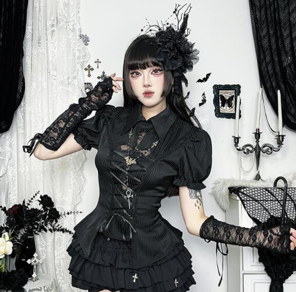 ロリータファッション ゴスロリ 黒レース半袖シャツ フリル装飾 暗黒系