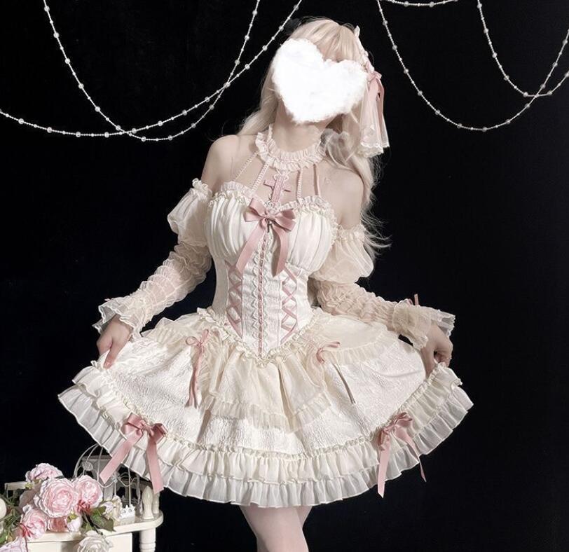 ロリータファッション 新品クラシカルロリータメイド服セット可愛いワンピース髪飾り付き