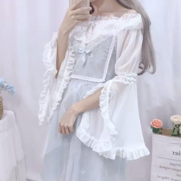 ロリータファッション 甘ロリータ オフショルダー長袖 フリル レース ドール風 ブラウス