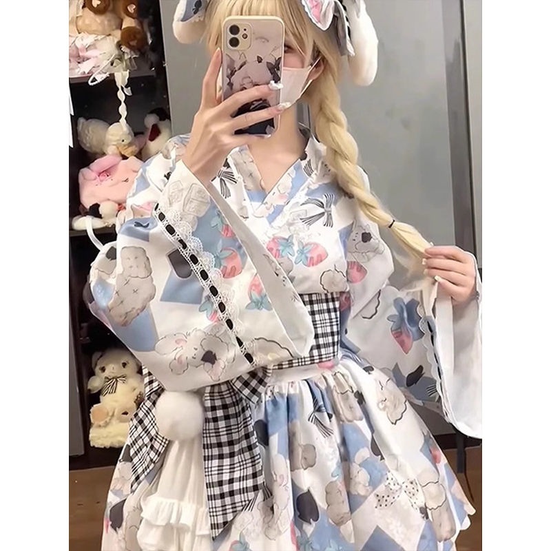 ロリータファッション 招き猫柄浴衣風羽織とフリルスカートの和装セット