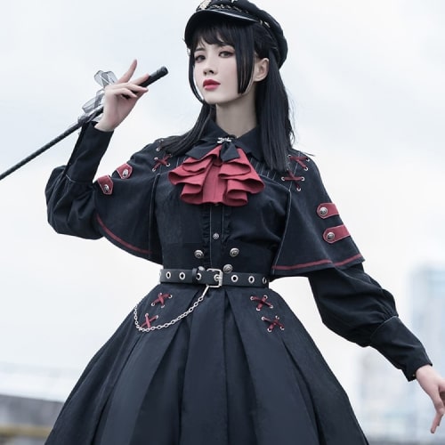 【軍服ロリータ】赤リボン×チェーンポリス制服ワンピース