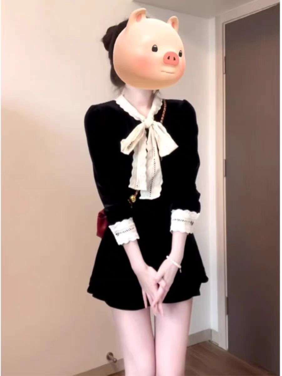 ロリータファッション うさぎのヘッドドレス付きベルベットワンピース
