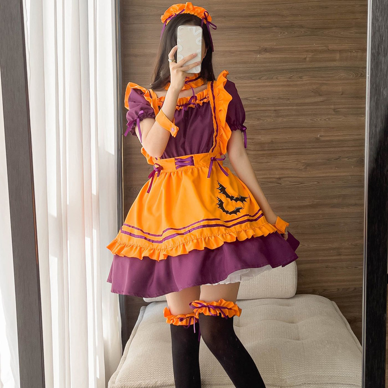 ロリータファッション 紫×橙色 ゴスロリメイド服 　ハロウィンコスチューム