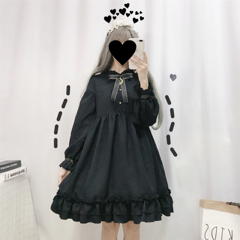 ロリータファッション【ゴスロリ】リボン付き フルブラックロリータ服