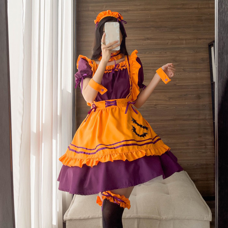 ロリータファッション 紫×橙色 ゴスロリメイド服 　ハロウィンコスチューム