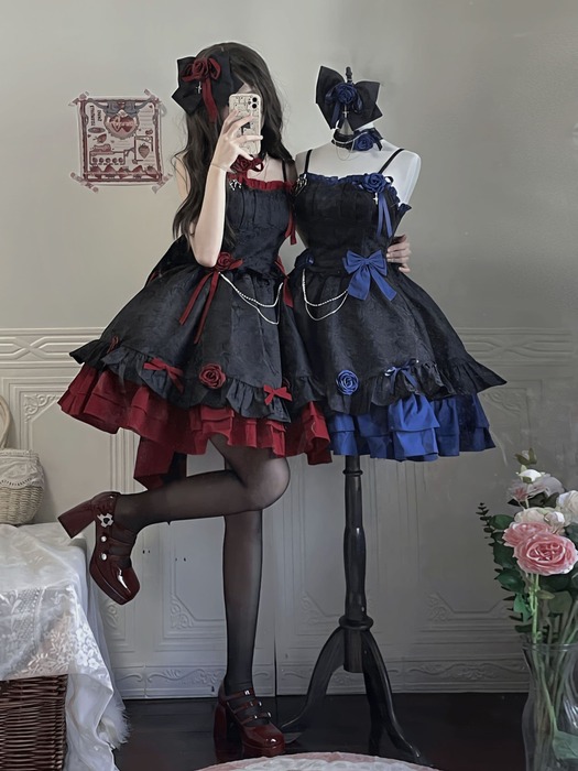 ロリータファッション 【ゴスロリ】ハロウィンブラックローズバックリボンミニワンピース