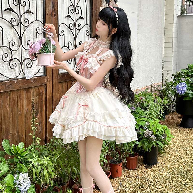 ロリータファッション レース飾りフリル姫様ワンピース