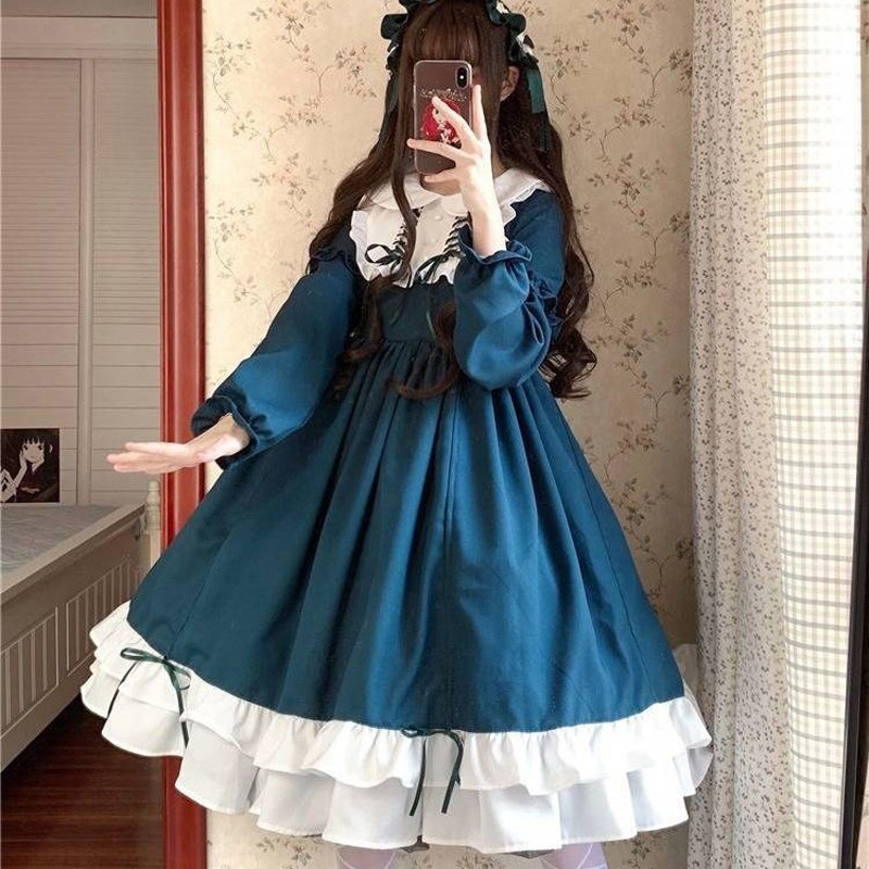 ロリータファッション フリル襟リボン飾り長袖クラシカルワンピース