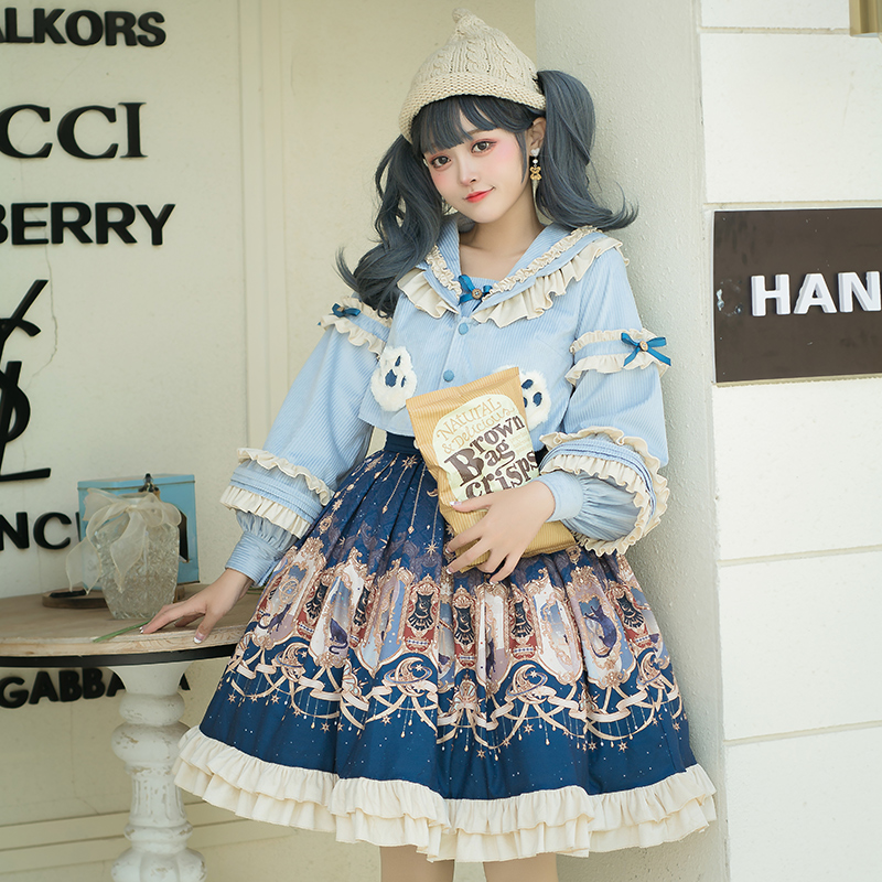 ロリータファッション リボン付きケープ袖付きフリルワンピース