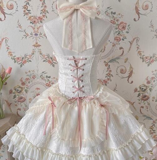 ロリータファッション 新品クラシカルロリータメイド服セット可愛いワンピース髪飾り付き