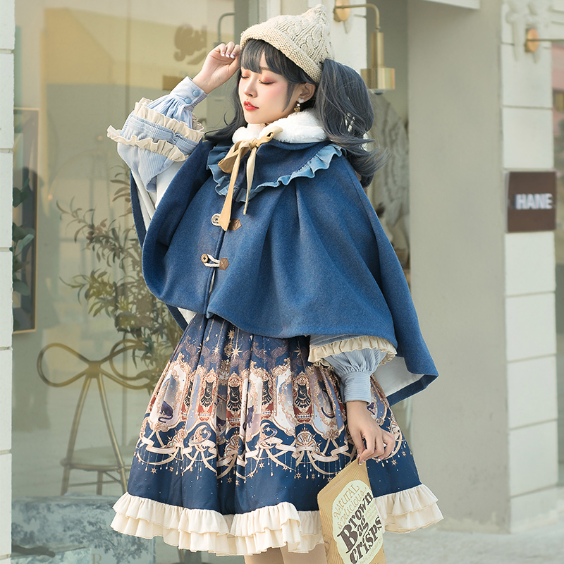 ロリータファッション リボン付きケープ袖付きフリルワンピース