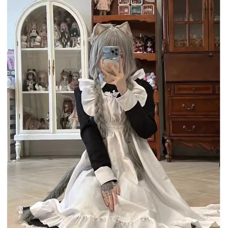ロリータファッション 甘ロリータ メイド服 ワンピース フリル エプロン 長袖 黒白