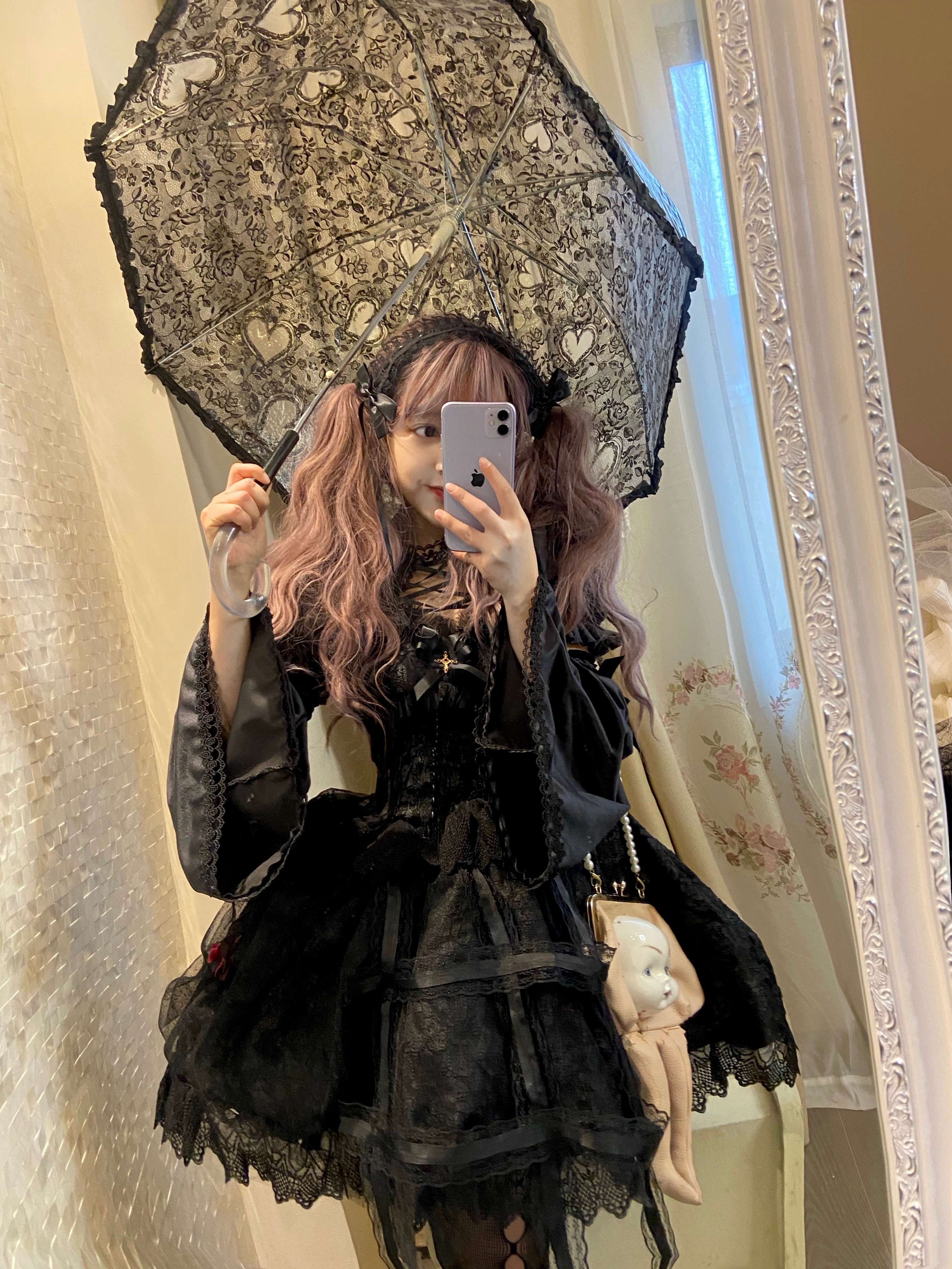 ロリータファッション 宮廷風レース重ね姫袖ワンピース