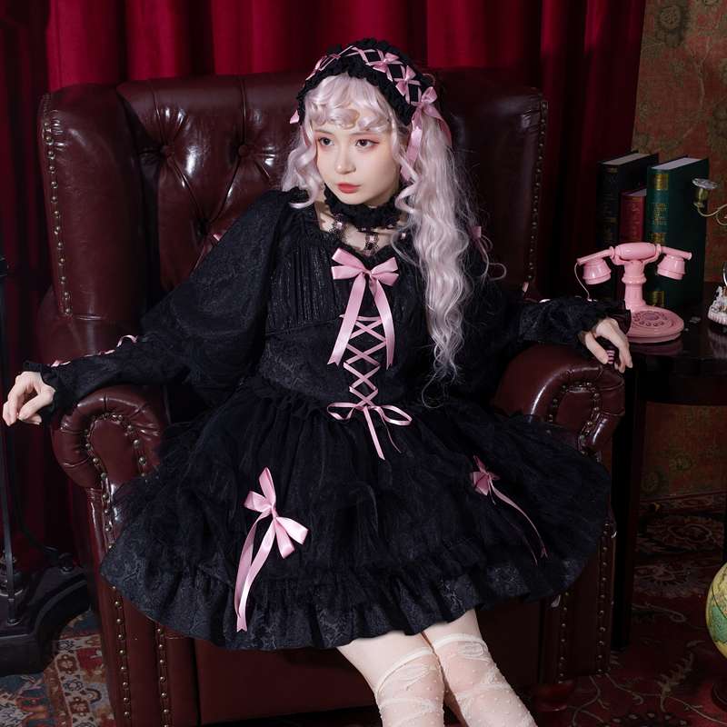 ロリータファッション  リボン飾りゴシックロリータワンピース