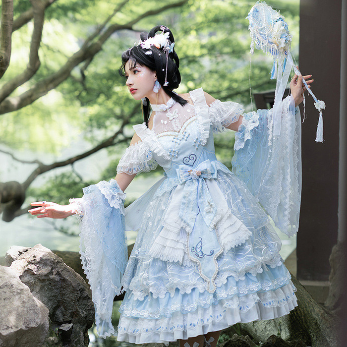 ロリータファッション 【中華ロリータ】水色花嫁風ワンピース フルセット