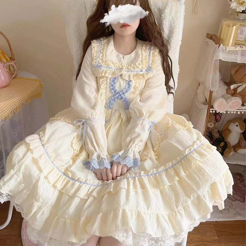 ロリータファッション 姫宮廷ふんわりレース袖付きワンピース