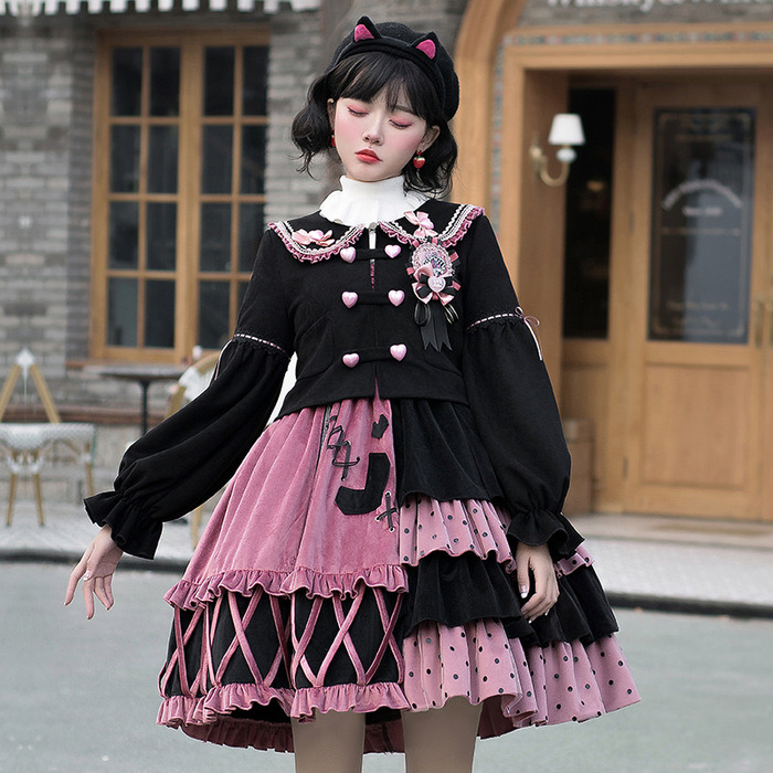 ロリータファッション 【ゴスロリ】ゴシックロリータ 黒×ピンクアシンメトリーセットアップ トップス単品