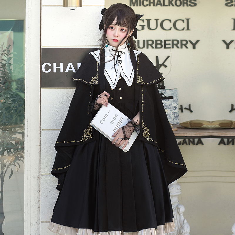 ロリータファッション 十字架刺繍ケープ付きロング丈ドレス