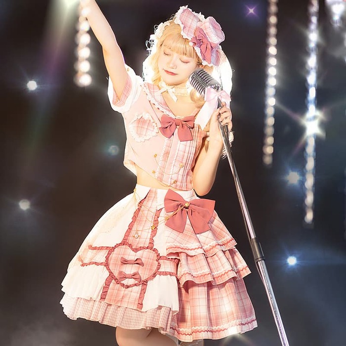 ロリータファッション 【甘ロリータ】アイドルチックピンクチェックラブリースカート