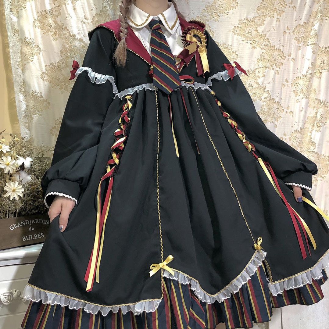 ロリータファッション 【ゴスロリ】ダークアカデミアリボンケープワンピース