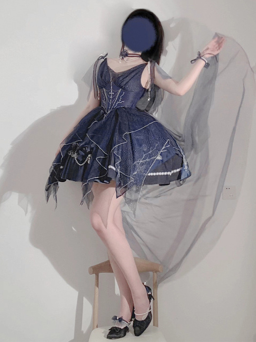 ロリータファッション 【ゴスロリ】ゴシックロリータ 花嫁風ブルーミニワンピース