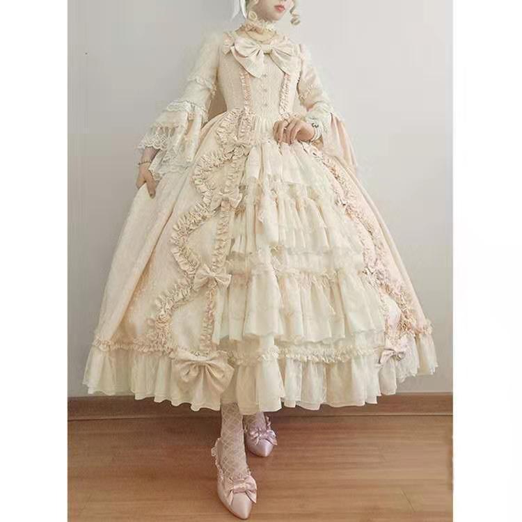 charrita とろみ　フリル　ロングドレス　ホワイト×ベージュ　Fサイズ ロリータファッション 宮廷風豪華段々フリルロングドレス クラシカル