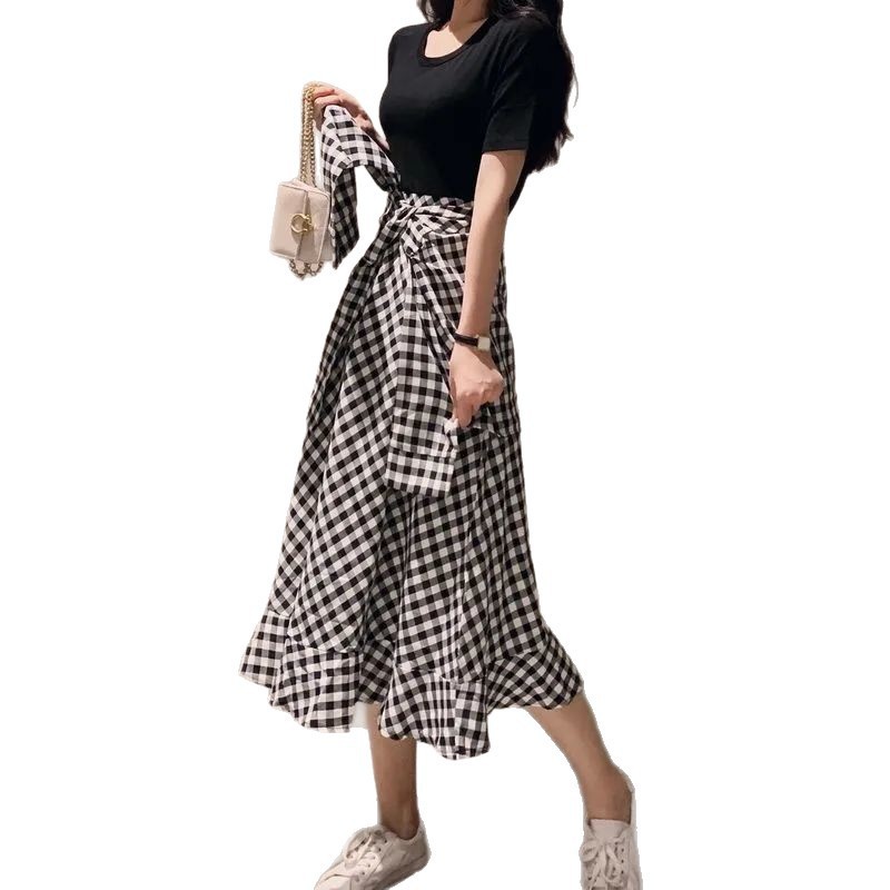 ロングスカート 格子柄リボン結びマキシスカート