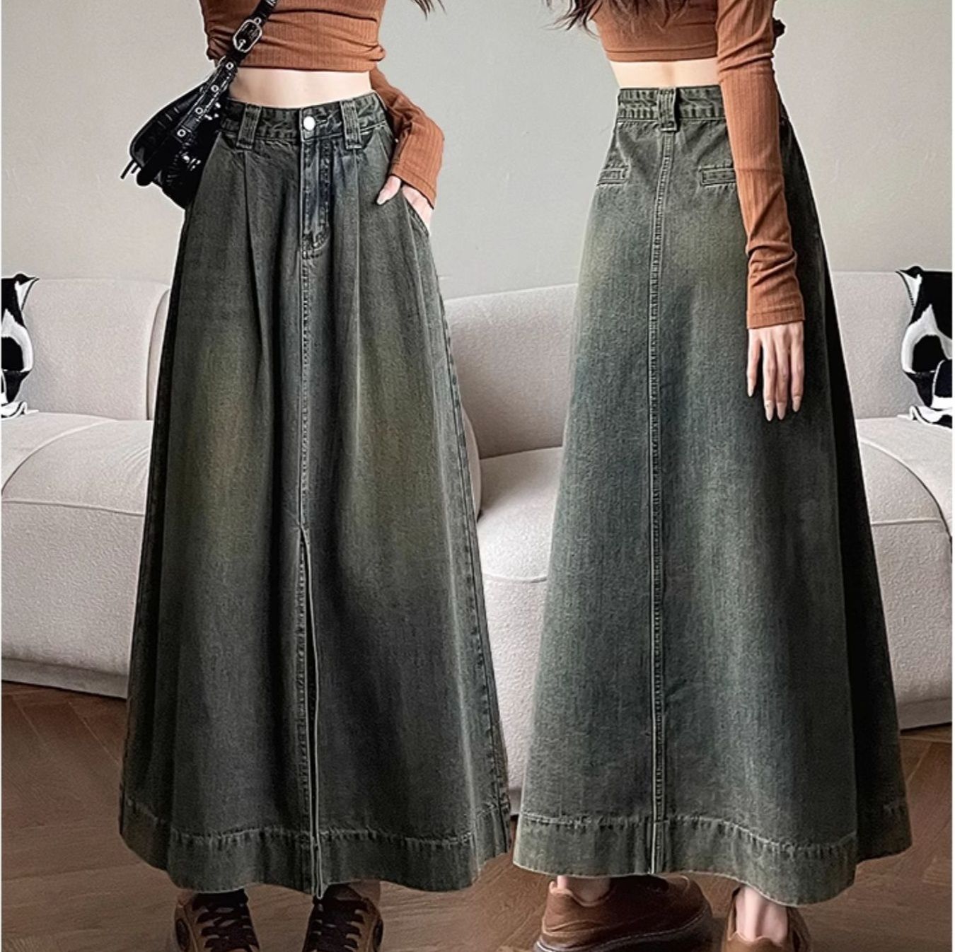ロングスカート デニム風フロントスリット入りマキシ丈スカート