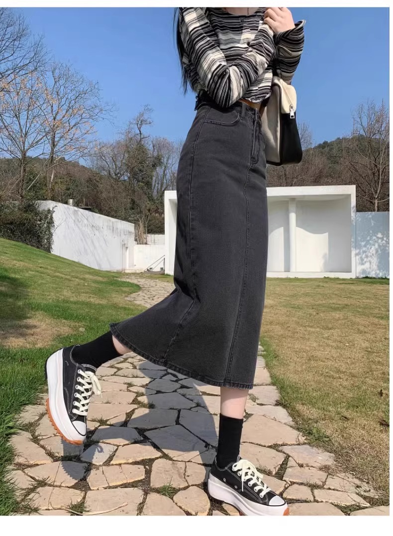 ロングスカート シンプルロングデニムスリットスカート