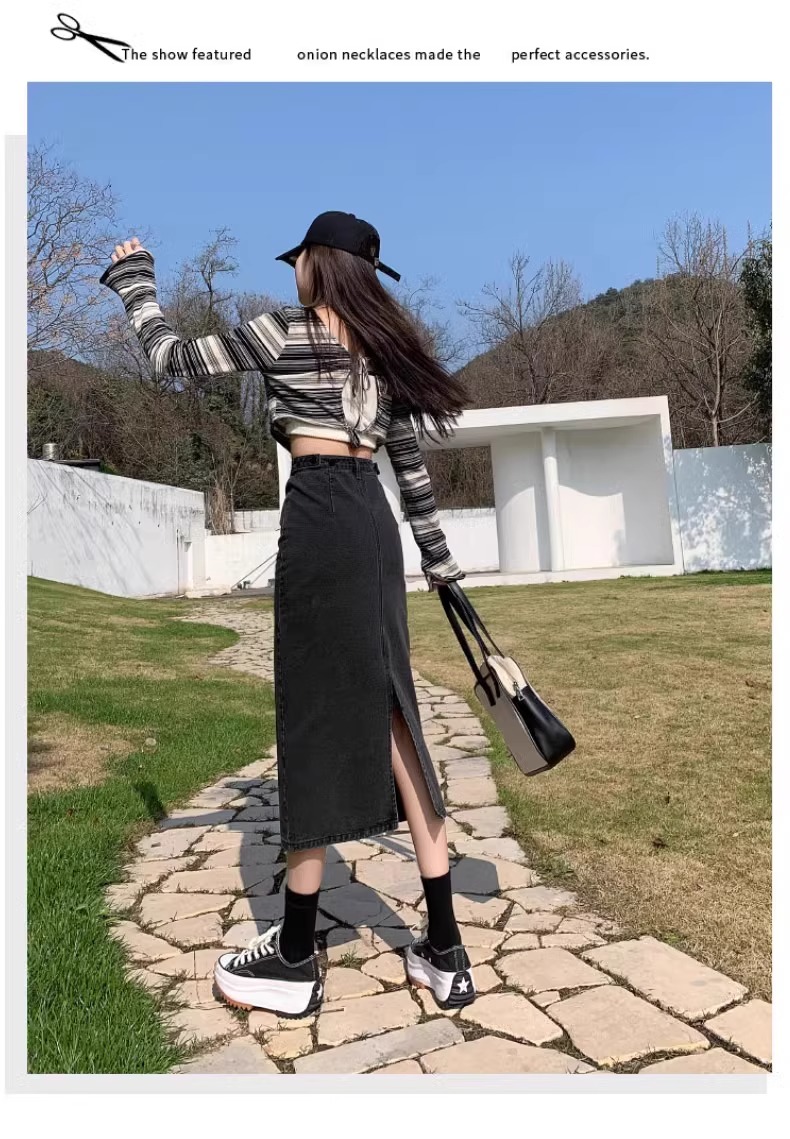 ロングスカート シンプルロングデニムスリットスカート