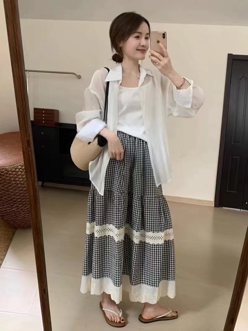 ロングスカート レース装飾格子柄マキシスカート