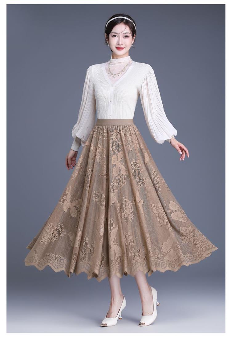 ロングスカート 花模様レースプリーツロングスカート