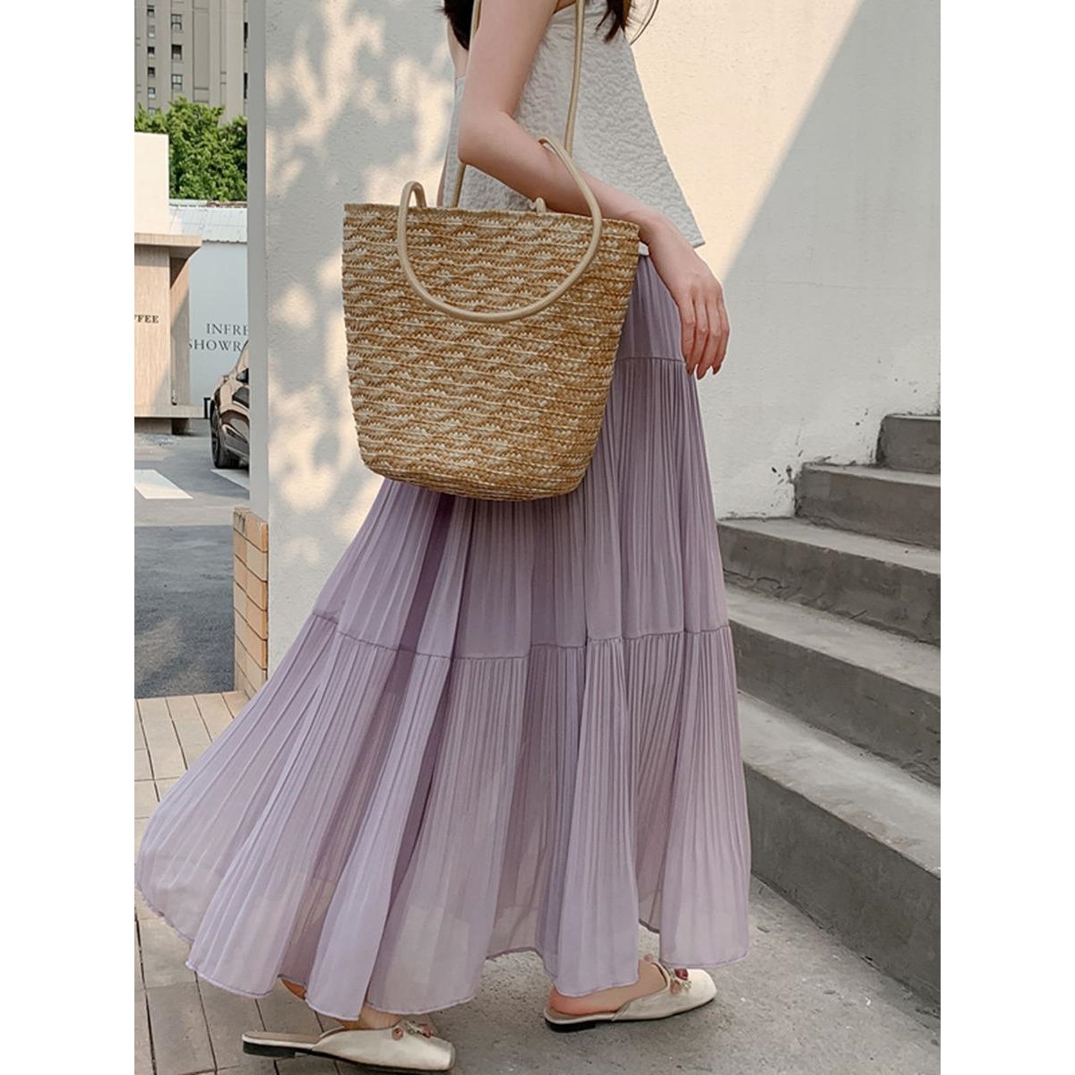 ロングスカート 優美な段プリーツロングスカート