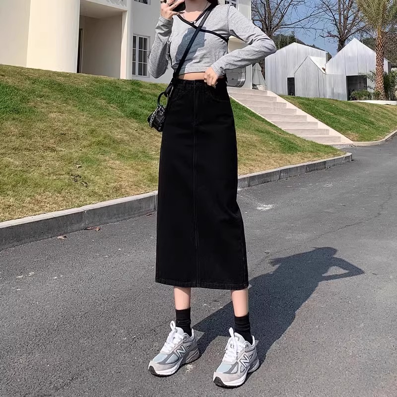 ロングスカート シンプルロングデニムスリットスカート