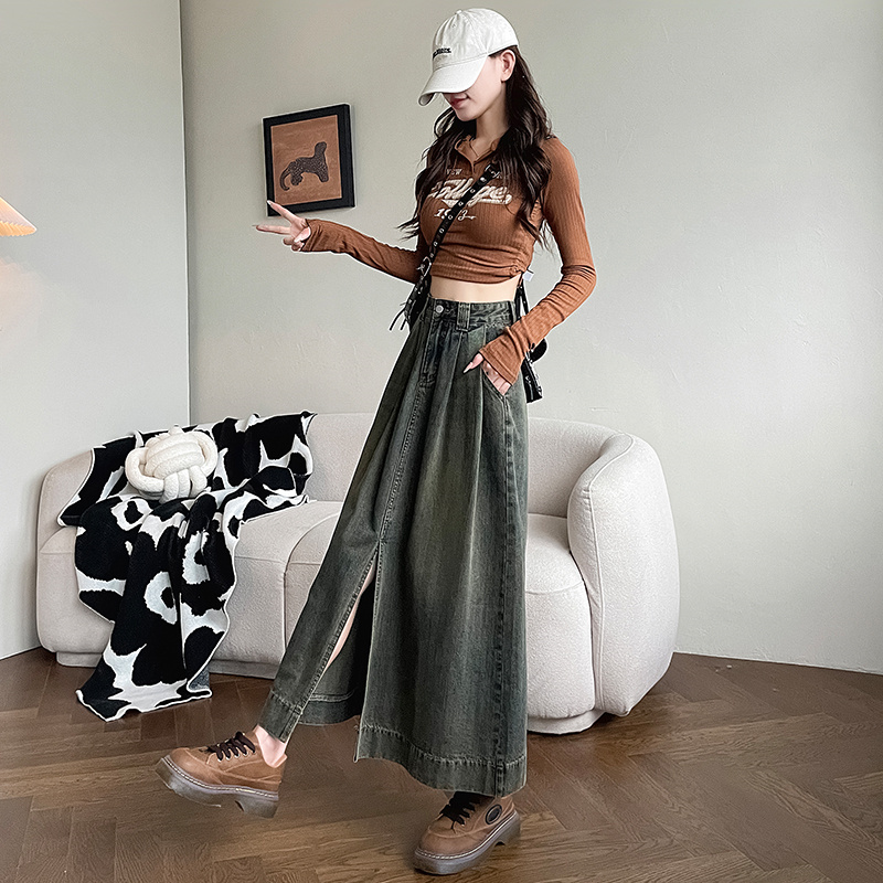 ロングスカート デニム風フロントスリット入りマキシ丈スカート