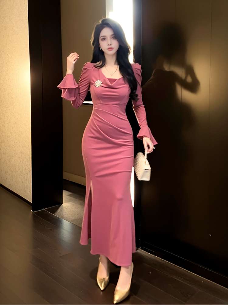ロングスカート シンプルスリットロングワンピース
