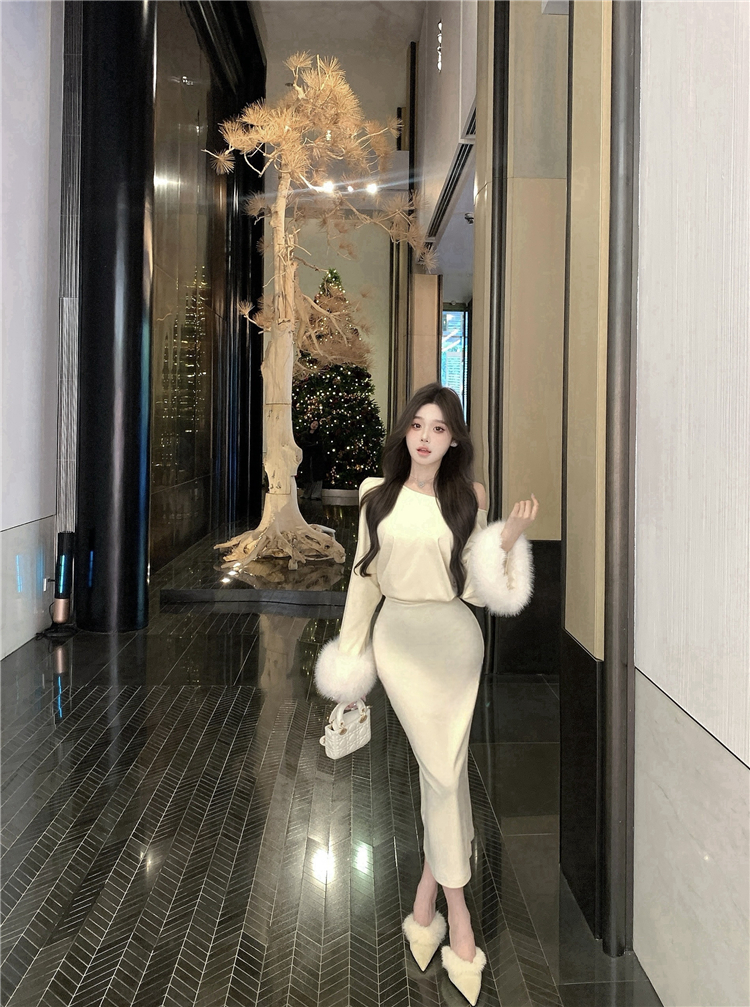 ふわもこ袖タイトロングスカートセット