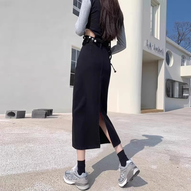 ロングスカート シンプルロングデニムスリットスカート