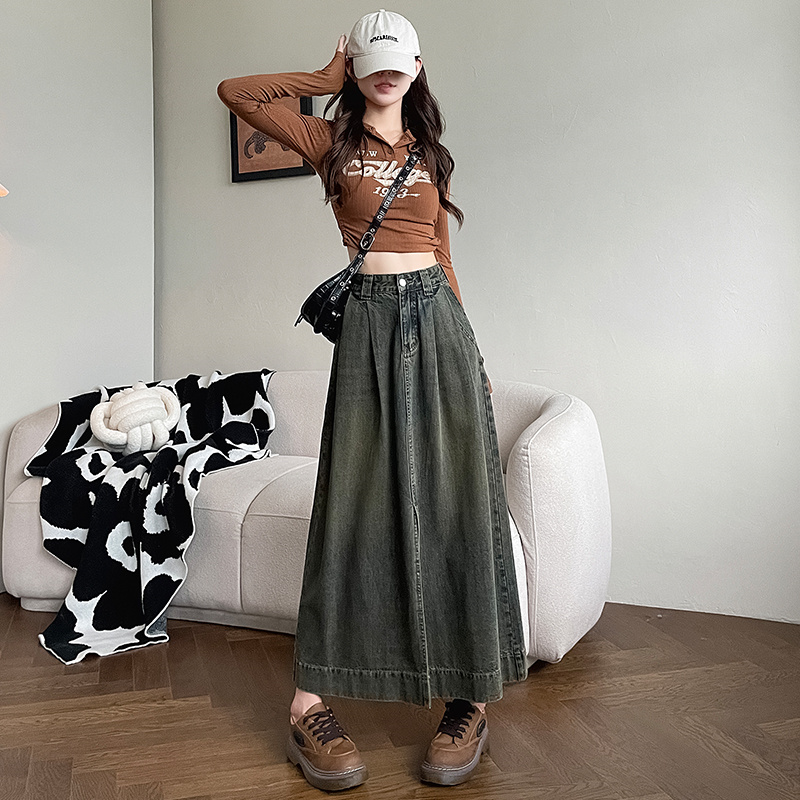ロングスカート デニム風フロントスリット入りマキシ丈スカート