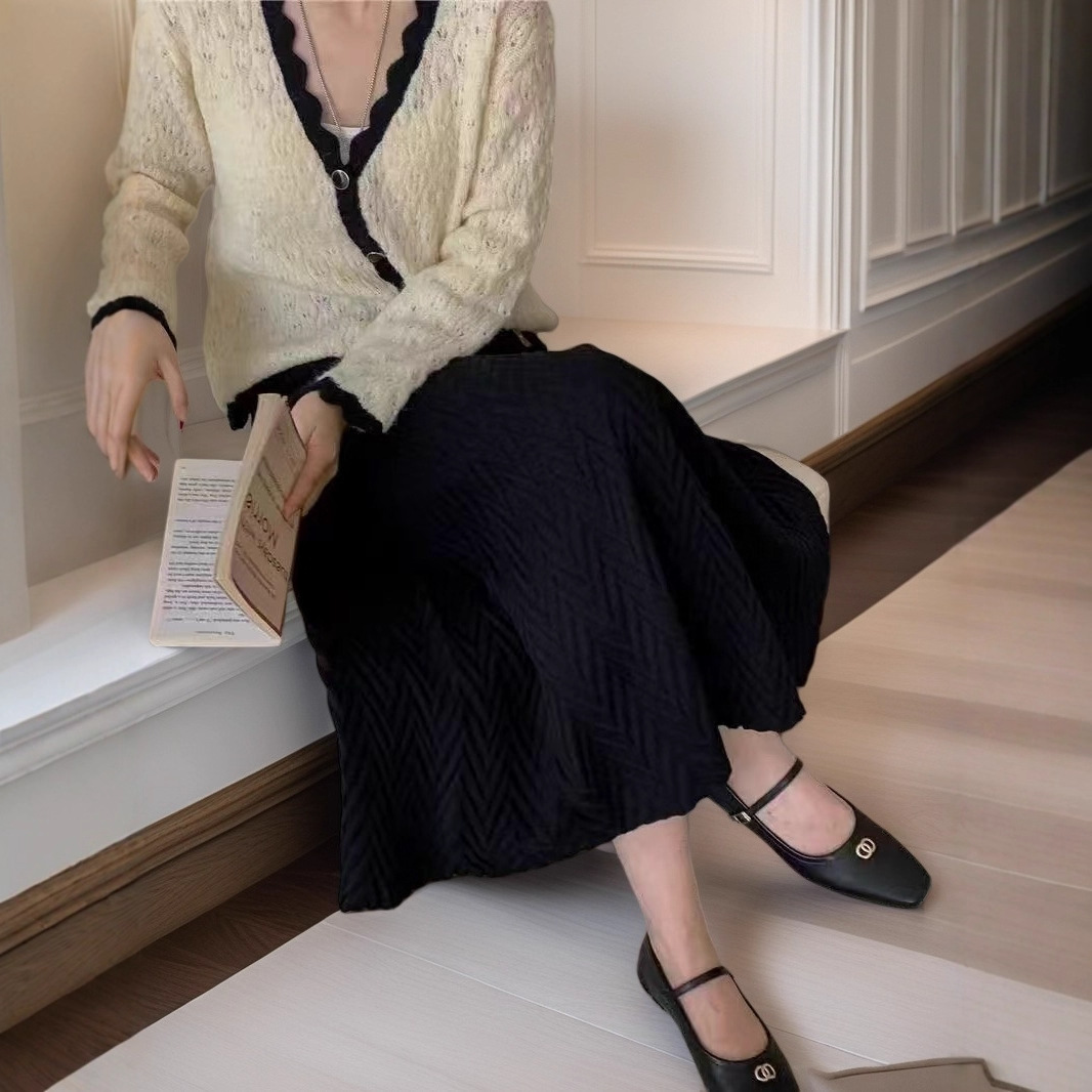 ロングスカート ヘリンボーン編み模様マキシスカート